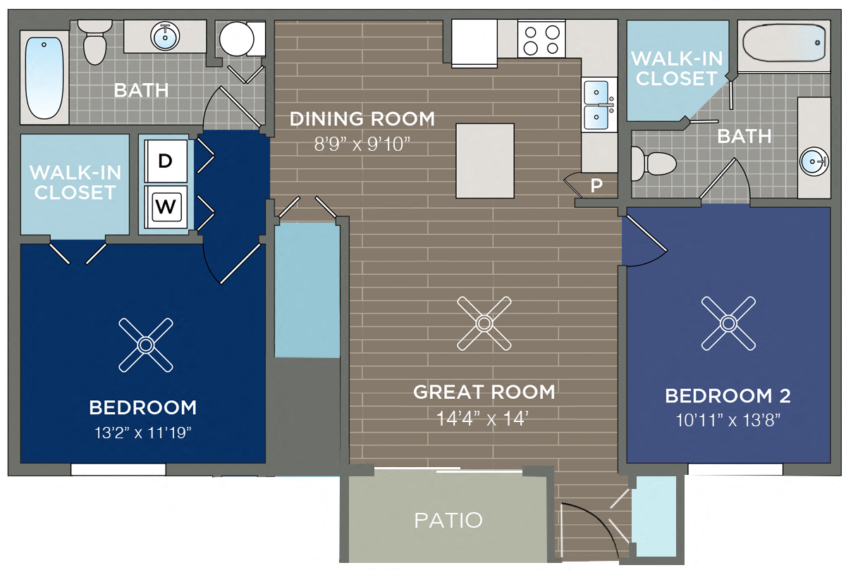 Floor plan for 2 beds, 2 baths, 1130 sqft